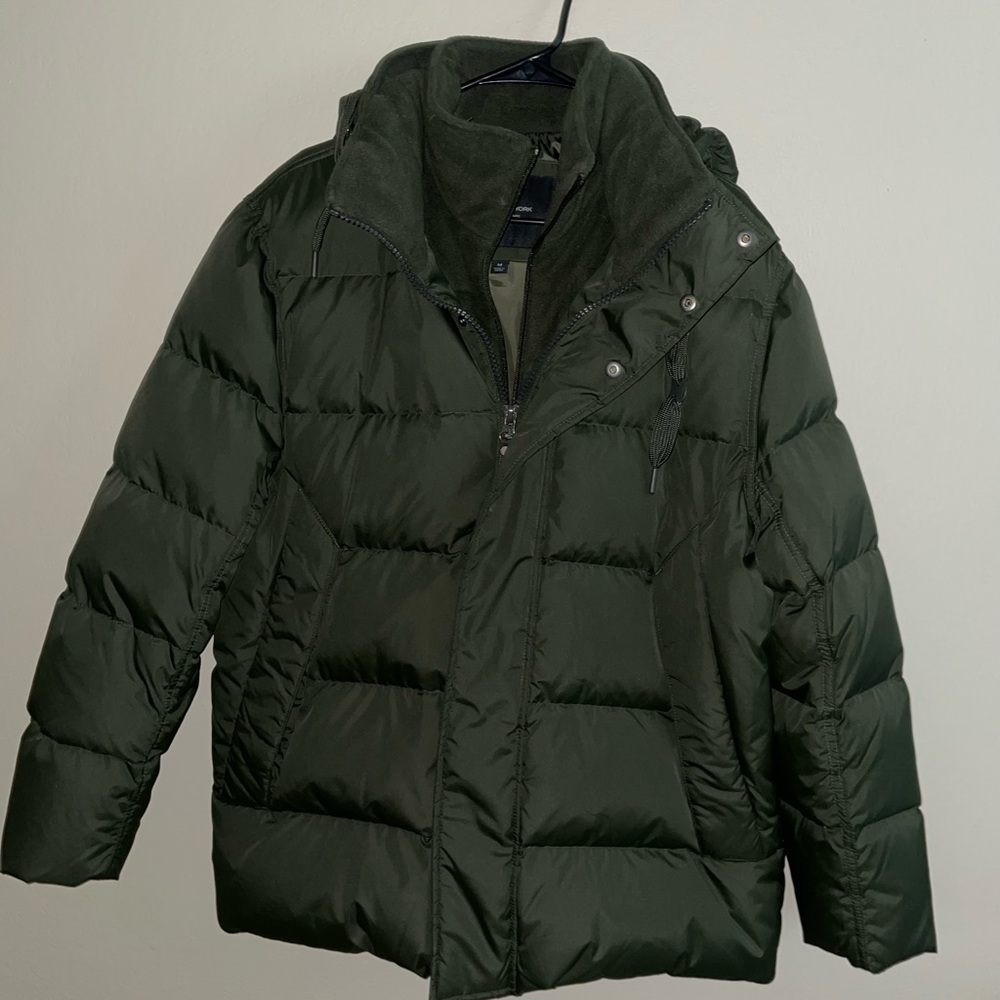 Olive Green Down Coat With Hidden Hood Zip
Collar.
